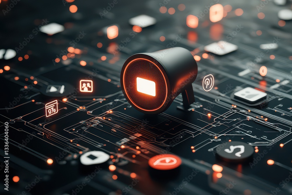 Aufkleber futuristic digital interface with glowing icons and a central speaker device on a circuit board