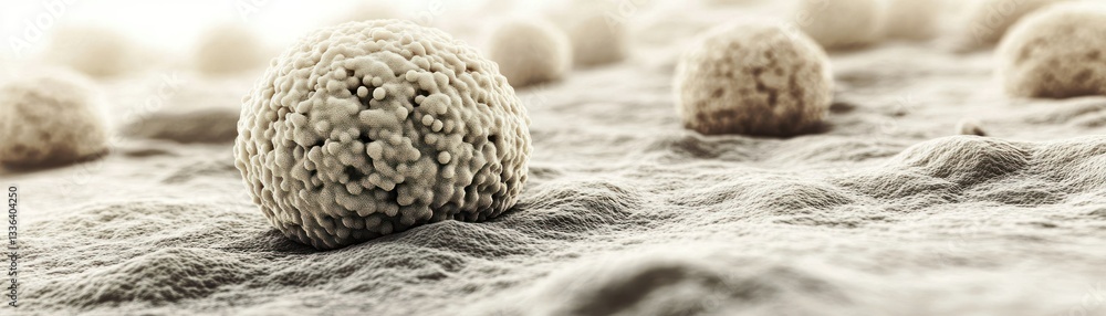 Poster several small spheres rest upon a textured surface in monochrome tones