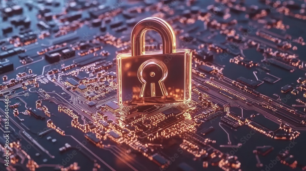 Poster A shiny golden padlock resting on a computer circuit board