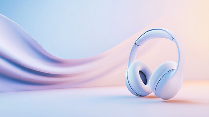 Modern wireless headphones in white on soft pastel gradient background with flowing fabric waves, creating a stylish and futuristic music technology concept