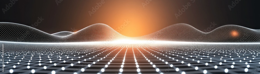 Poster A digital abstract landscape with a light source in the background