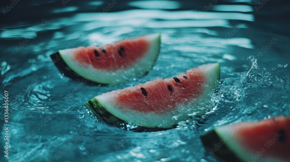 Poster sliced watermelons floating in clear blue water creating splashes