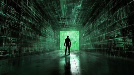 A figure standing before a glowing doorway in a digital space
