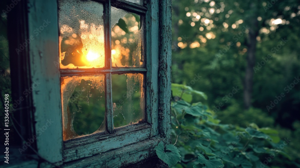 Poster sunlight shines through a broken window within green foliage