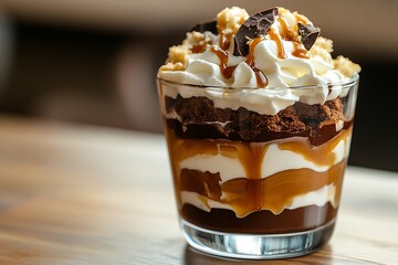 a side slice look at a chocolate trifle with caramel in a transparent cup the treat stacks choc cake smooth choc fill caramel drizzle and whip cream
