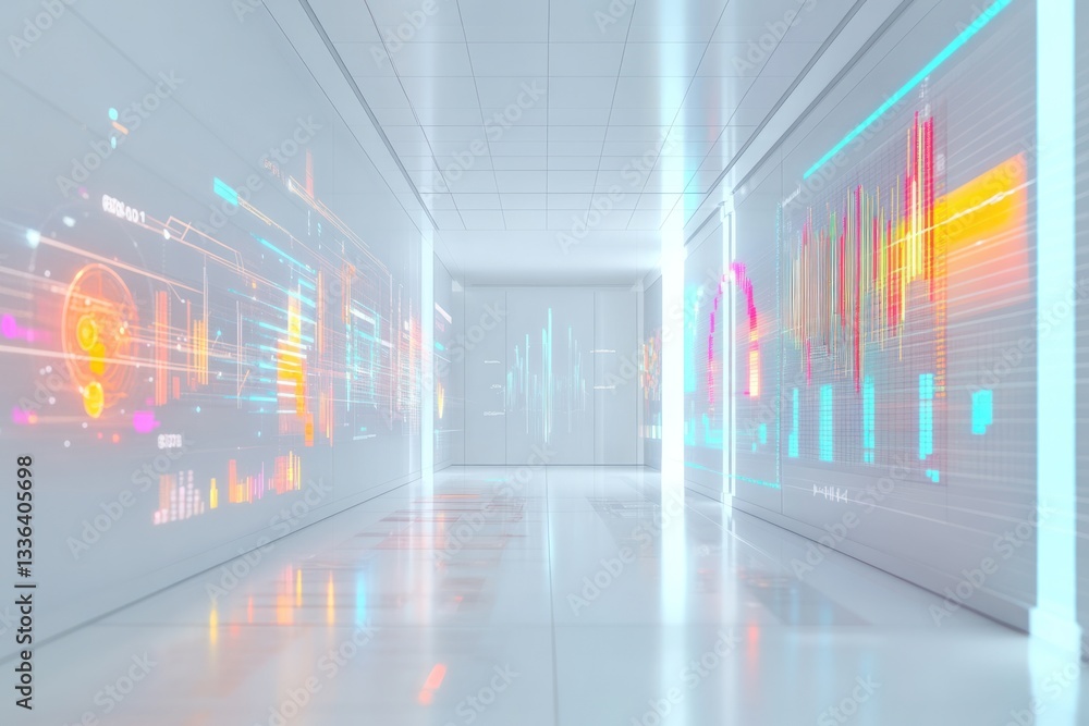 Poster futuristic hallway with digital graphs and data visualizations