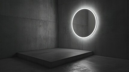 A gray minimalist room with a circular illuminated light fixture