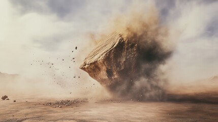 The arid desert expanse is disrupted by a falling rock, sending a plume of dust into the air, capturing motion and raw natural energy.