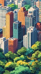 Obraz premium A vibrant city skyline featuring diverse skyscrapers surrounded by lush greenery, blending urban architecture with nature.