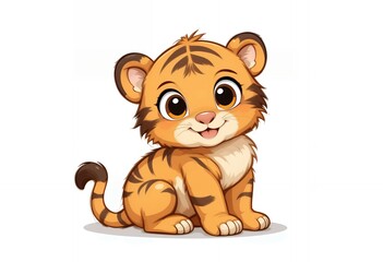 Sitting Cute Baby Tiger Cub Cartoon Illustration on Isolated White Background