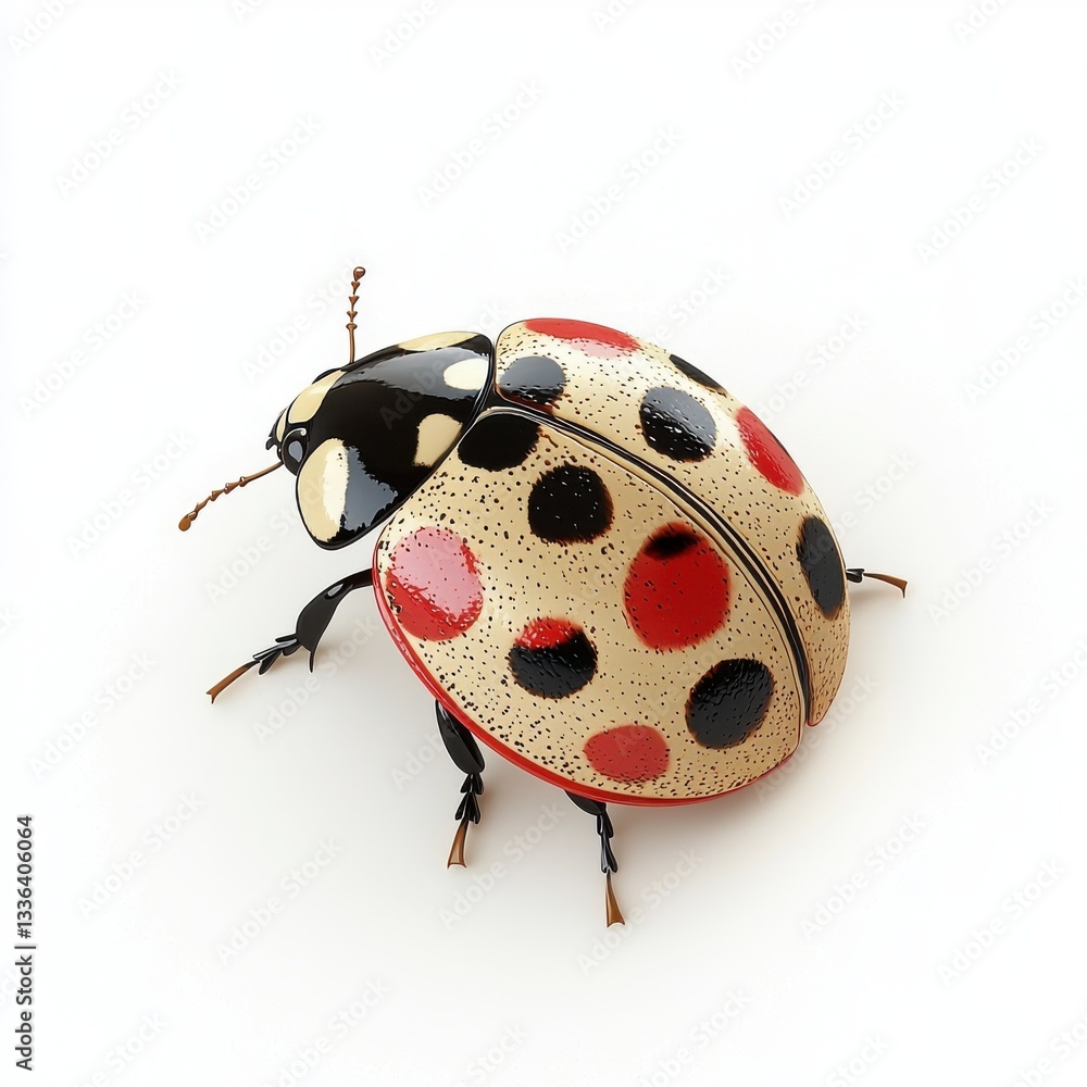 Poster realistic close-up of a colorful ladybug with distinct black and red patterns on a smooth texture ba