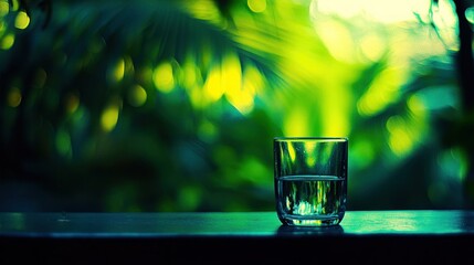 A glass of water sits on a wooden surface near foliage