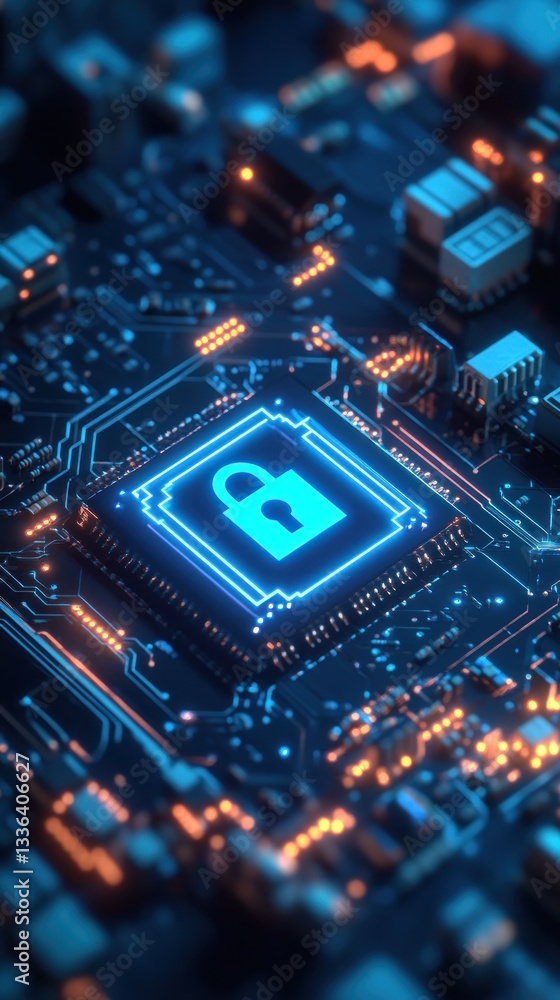 Poster close-up of a glowing microchip with a lock symbol on a circuit board