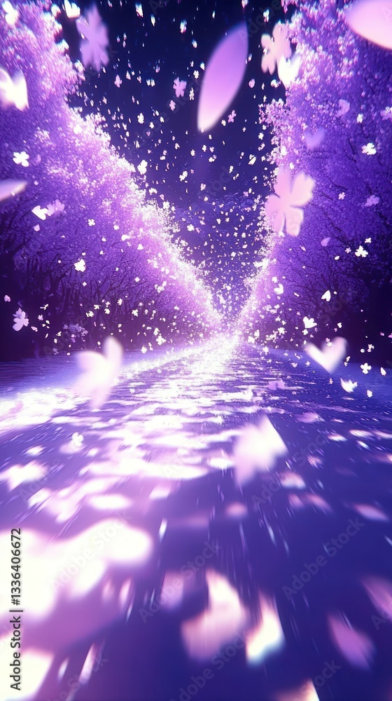Poster A beautiful path lined with trees and falling flower petals