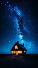 Fototapeta premium A cozy house illuminated under a breathtaking starry night sky, showcasing a vibrant Milky Way galaxy. Perfect for nature and night photography lovers.