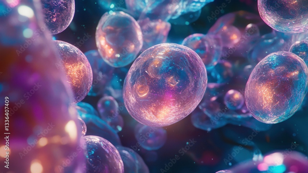 Poster A luminous cluster of translucent and glowing spherical structures shown closely