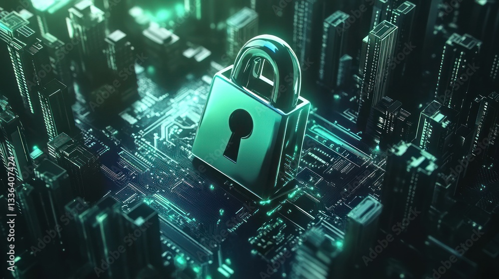 Poster a padlock over a city illustrating digital and data security