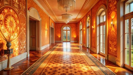 Obraz premium A sunlit hallway with ornate walls, hardwood floors, and a patterned carpet runner, featuring a grand chandelier and elegant wall sconces, creating an ambiance of refined luxury and classic design