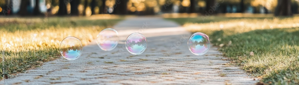 Poster Bubbles floating above a paved path in a park setting