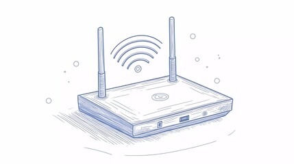 Obraz premium A wireless internet router with antennas broadcasts strong signals, supporting digital communication and smart connectivity in a futuristic comic book illustration style.