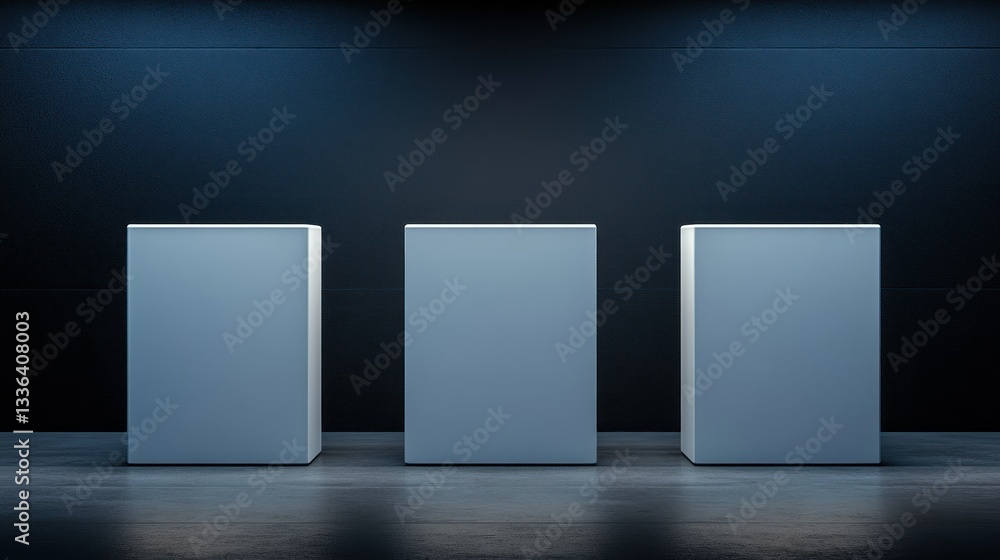 Poster three white pedestals are displayed against a dark background for presentation