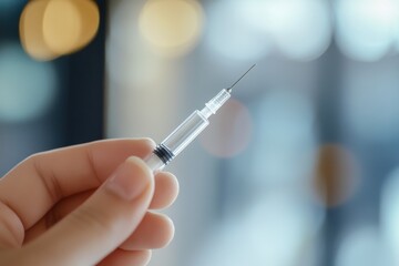 Close-up of a hand holding a syringe needle against a soft-focus background.
