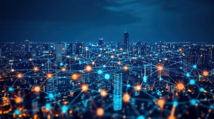 Fototapeta premium Night city skyline connected by digital network. Possible use Stock photo for technology, future, and global communication concepts