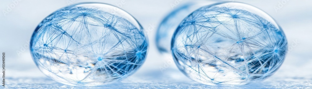 Poster three glass spheres with dandelion seed patterns showing detail in blue