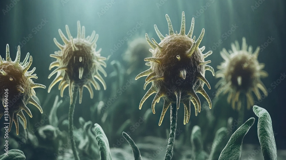 Poster microscopic view depicts several spherical organisms with spiky protrusions