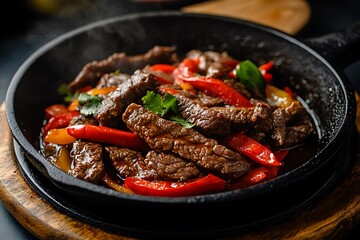 a bubbling stir fry of beef ribbons and red spice peppers sleek with fat set in a dark iron wok fumes rising with a pinch of fire  
