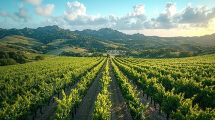 Fototapeta premium Scenic landscape showcases vineyard rows with distant mountain ranges and sky