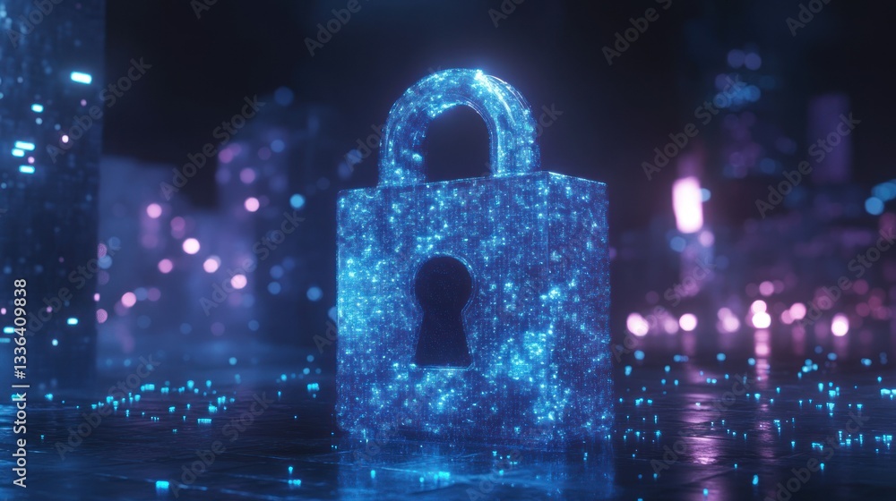 Poster A glowing digital padlock representing data and cybersecurity