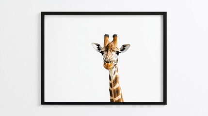 Framed photograph of a giraffe's face. the frame is black and is hanging on a white wall. the giraffe is facing the camera and its head is turned slightly to the left.
