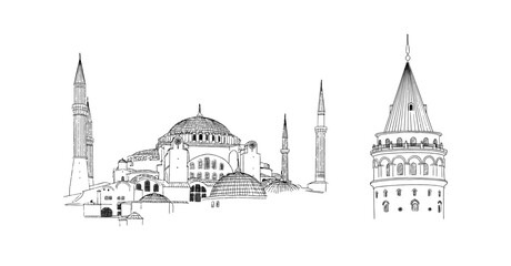 Hand drawn sketch of Istanbul landmarks. Vector illustration of outline Hagia Sophia Grand Mosque and Galata Tower isolated on white background.