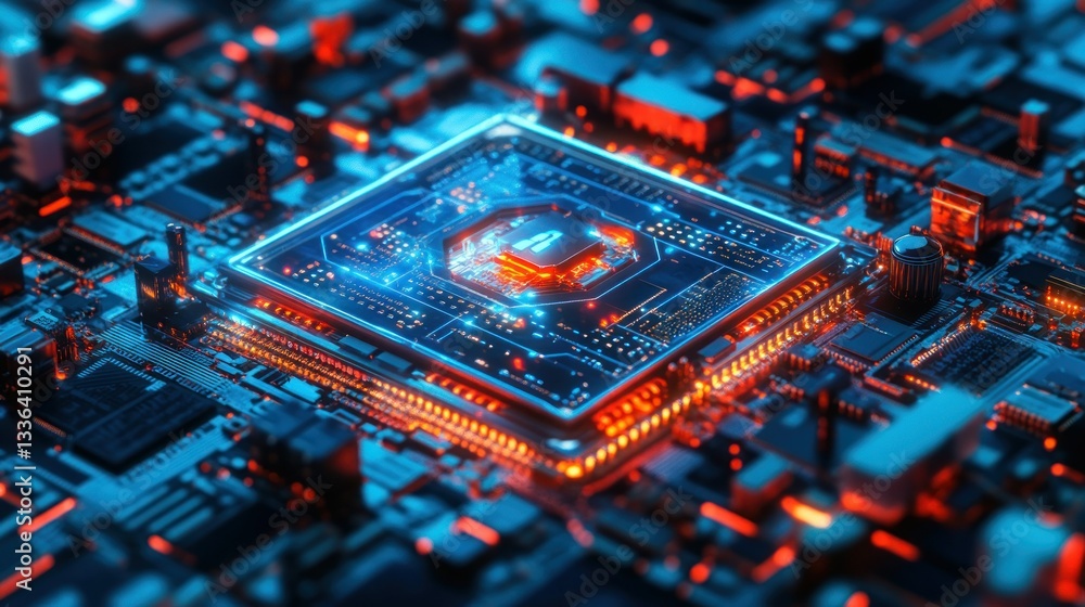 Poster Illuminated circuit board with integrated processor chip displayed closely