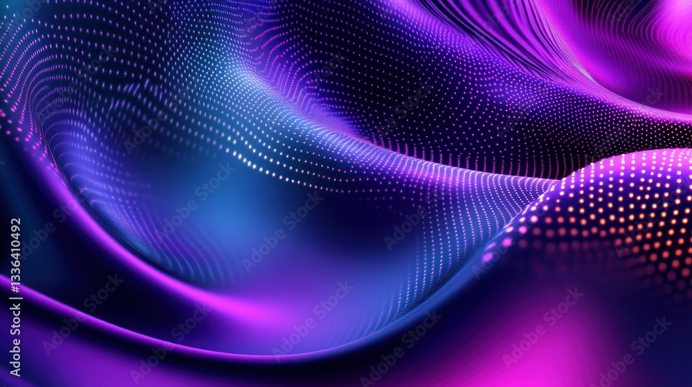 Poster Abstract curved surfaces with neon glowing illuminated dotted patterns