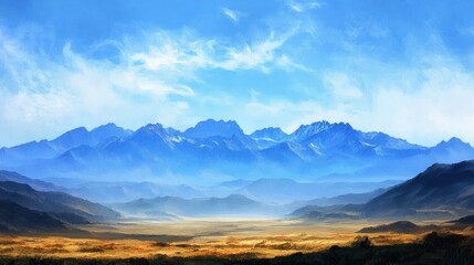 Obraz premium Majestic blue mountain range with a vibrant bright blue sky