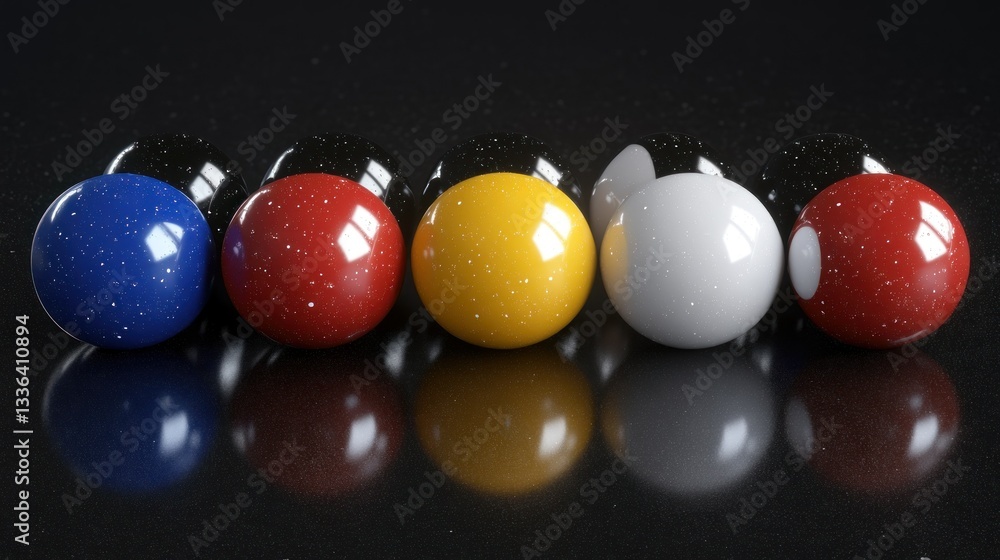 Poster colorful spheres arranged in a row are reflecting on a surface