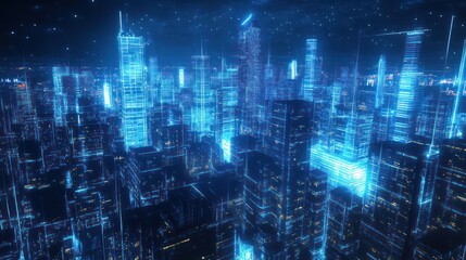 Futuristic city skyline at night, digital art, aerial view, possible use in technology or sci-fi