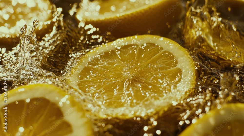 Poster Sliced lemons in liquid with water splashing creating motion