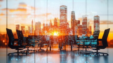 Business Team Building Teamwork Brainstorming Seminar Modern office with city skyline at sunset.