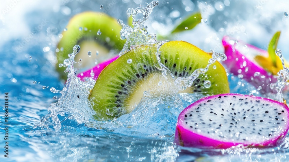 Poster sliced kiwi and dragon fruit splashing in clear refreshing water