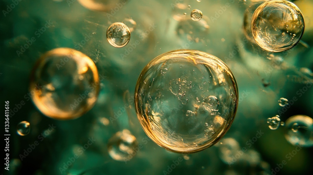 Poster illuminated translucent bubbles of varied sizes against a green background
