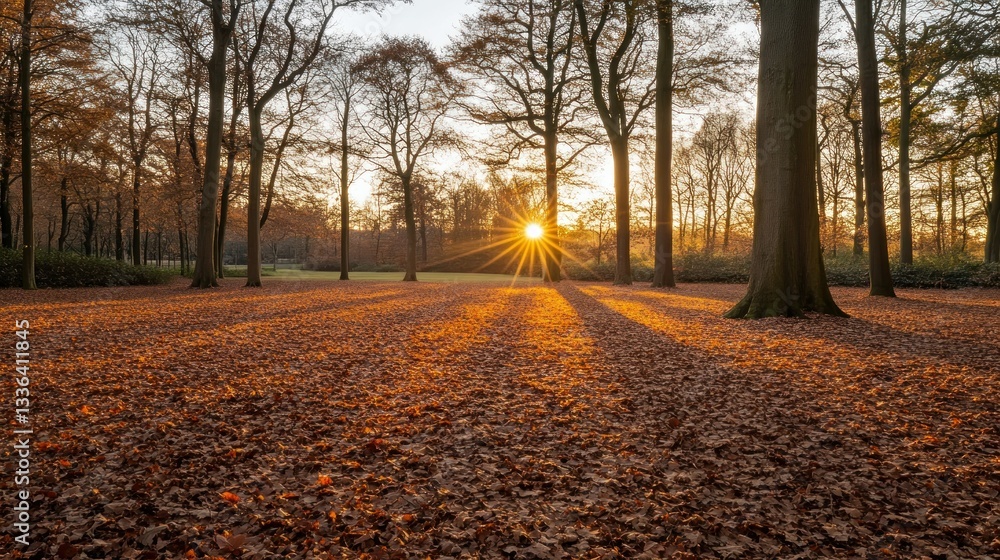 Poster sunlight streams through trees in a forest during the autumn season