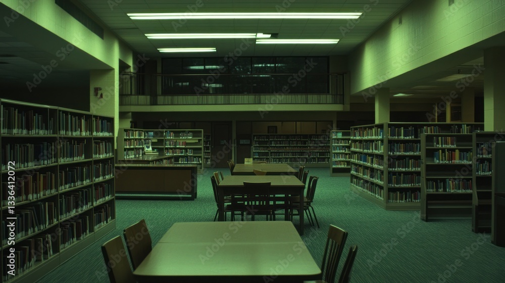 Aufkleber a dim library scene features bookshelves and study tables throughout