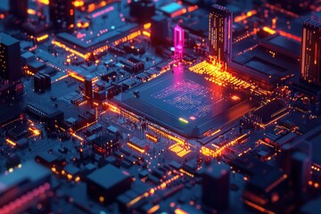 Fototapeta premium Futuristic cityscape with glowing circuitry and vibrant lights