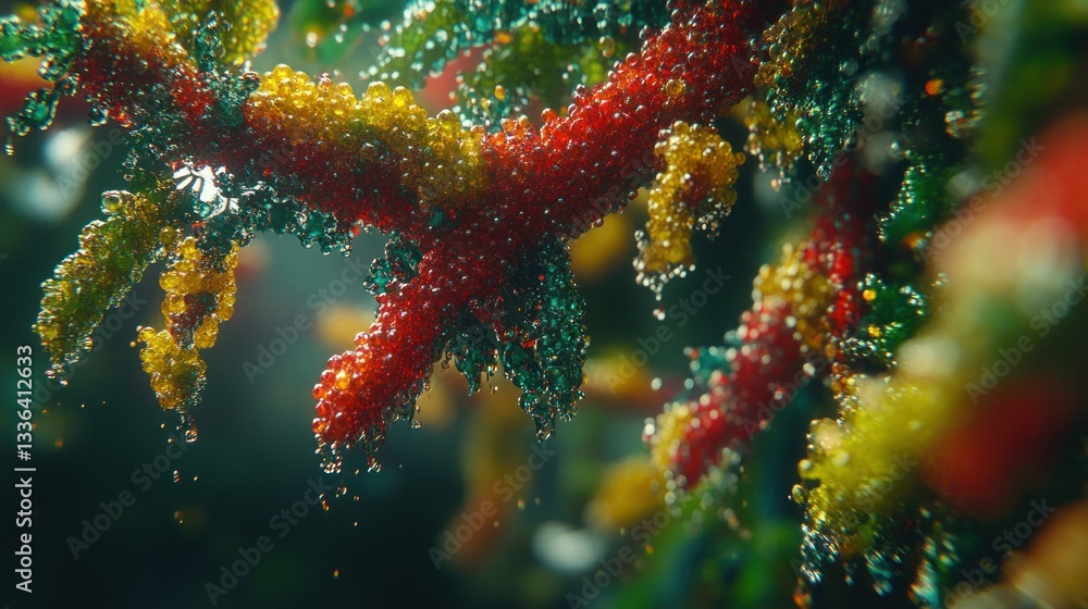 Poster Abstract image of colorful intertwined cellular branching structures with water droplets