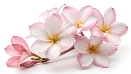 Plumeria Bouquet: Delicate plumeria blossoms in soft shades of pink and yellow, arranged on a branch against a blurred background, evoking a sense of natural beauty.