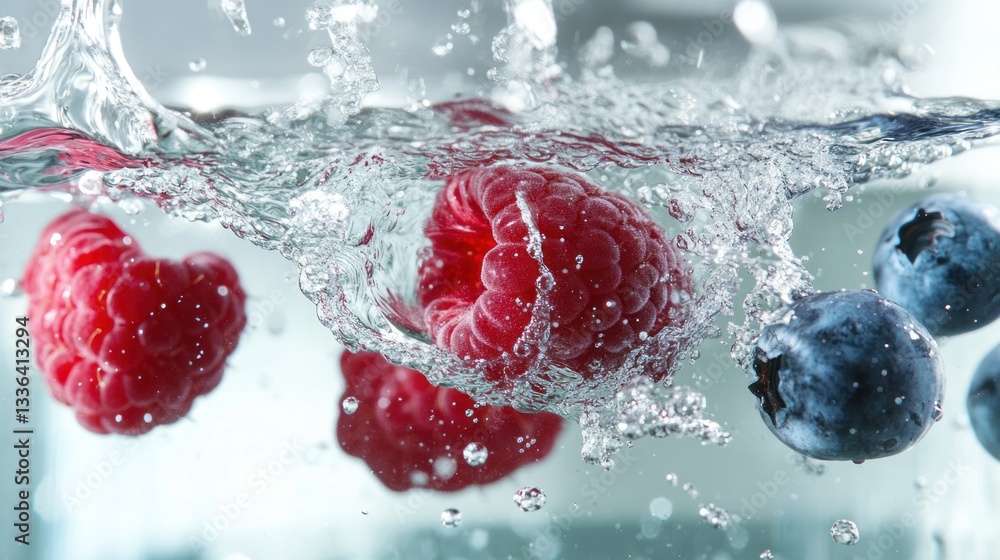 Poster Fresh berries and water are creating dynamic splashes and movement