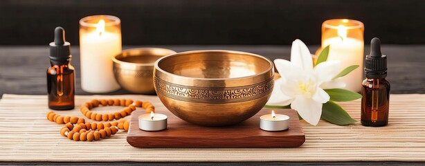 Peaceful Tibetan singing bowls for meditation A serene setting featuring a singing bowl, essential oils, candles, and a flower for relaxation and meditation.